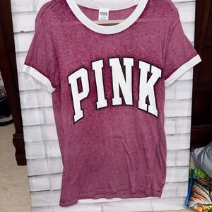 Pink Victoria's Secret Ringer Tee Maroon Burgundy White Logo Graphic Shirt M